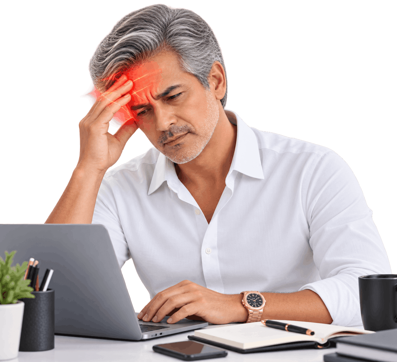 Man at a laptop representing chelation concerns such as brain fog and fatigue.