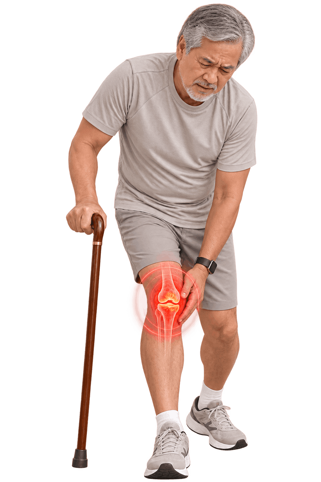 Man holding his knee in pain while using a cane, representing joint pain management concerns.