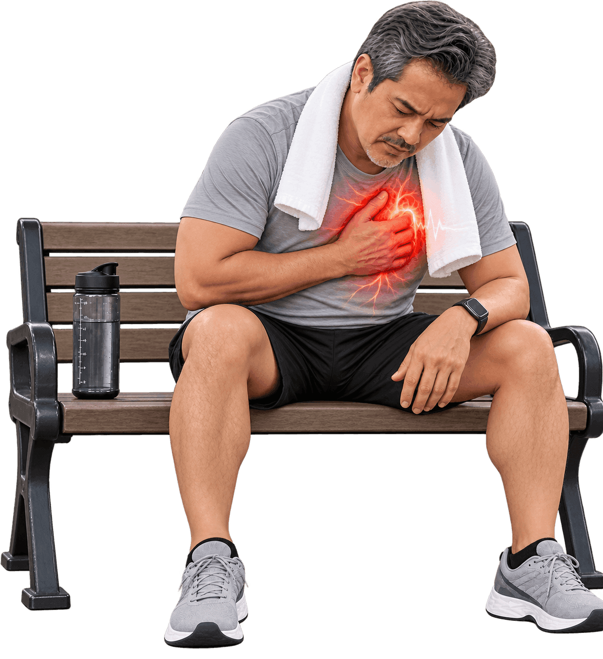 Man seated on a bench holding his chest after exertion, representing fatigue and circulation concerns for Ozone Therapy.