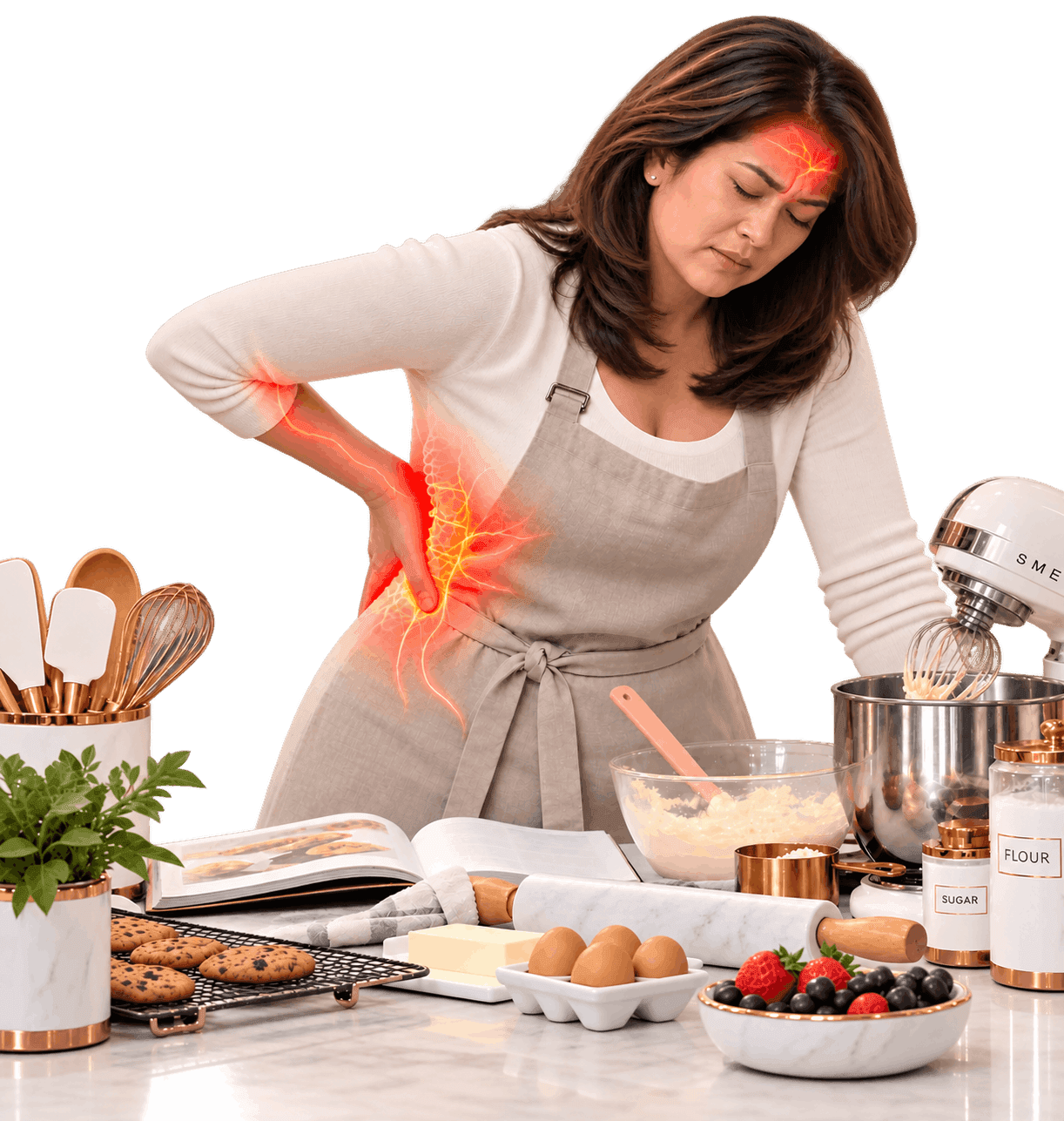 Woman pausing while baking with illustrated pain highlights on her lower back and forehead.
