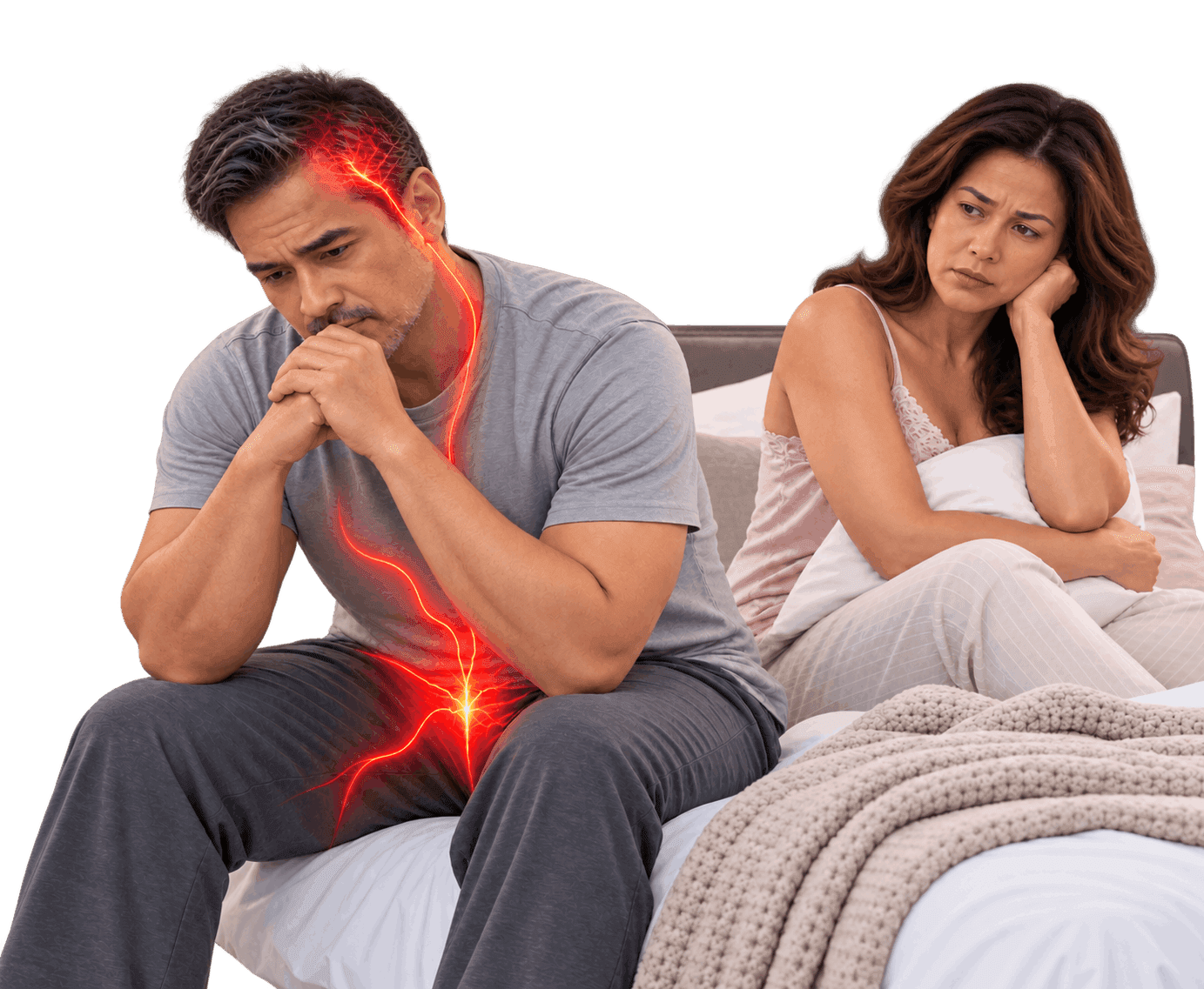 Worried couple seated on a bed with an illustrated nerve overlay on the man, representing intimate wellness concerns.