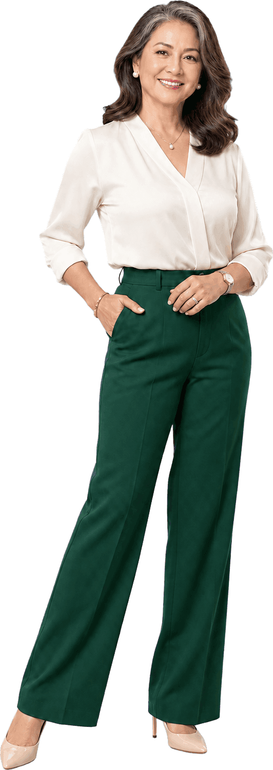 Woman in a cream blouse representing Reneú ozone therapy and cellular vitality support.