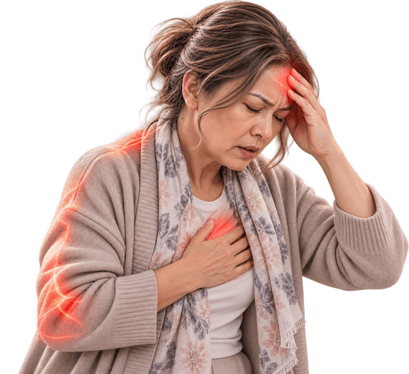 Woman holding her head and chest in discomfort, representing pain, weakness, and slow recovery concerns.