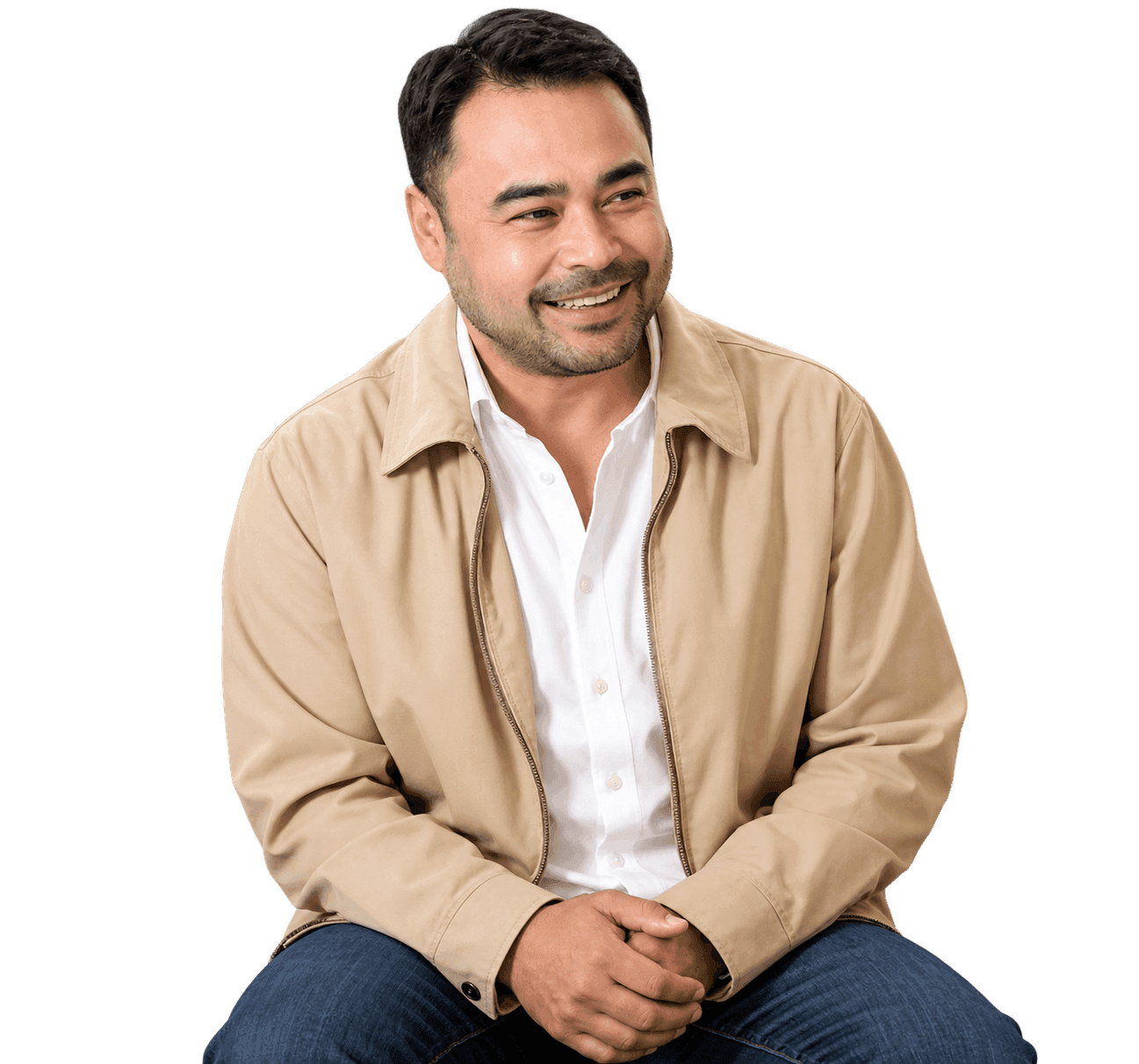 Sid Lucero seated in a bright lounge for Reneú Clinic.
