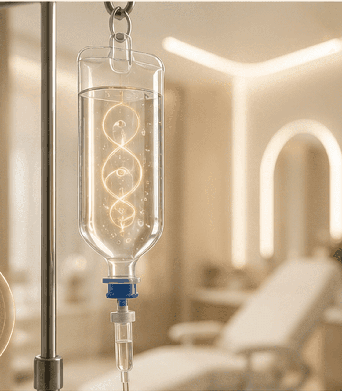 IV infusion bag suspended in a private treatment room for chelation therapy.