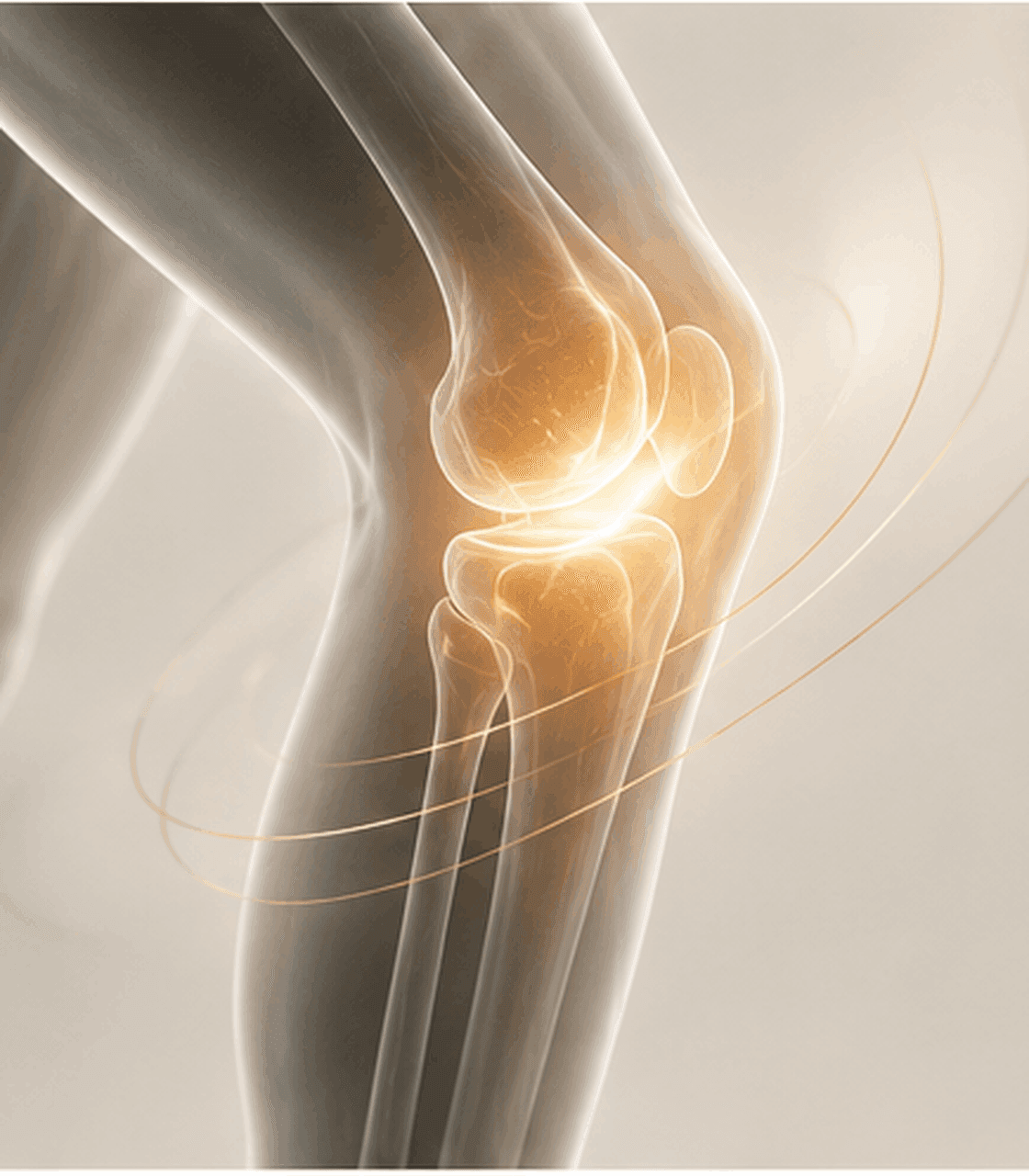 Illuminated anatomical knee-joint imagery representing joint pain management.