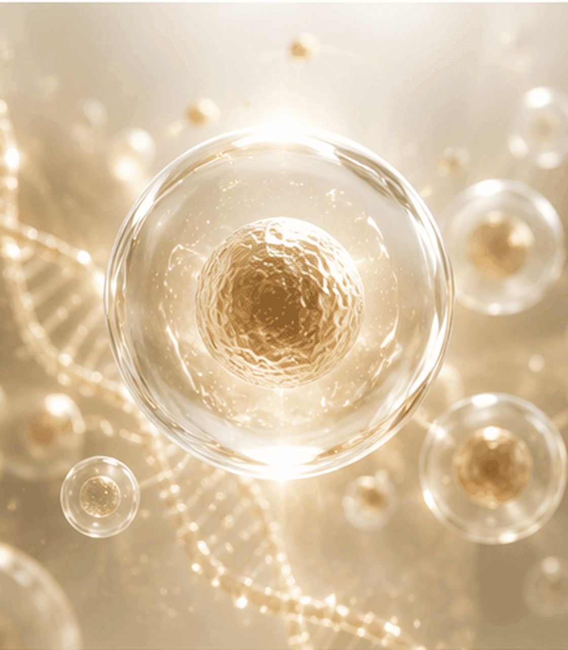 Glowing cellular and DNA strand imagery representing stem cell therapy.