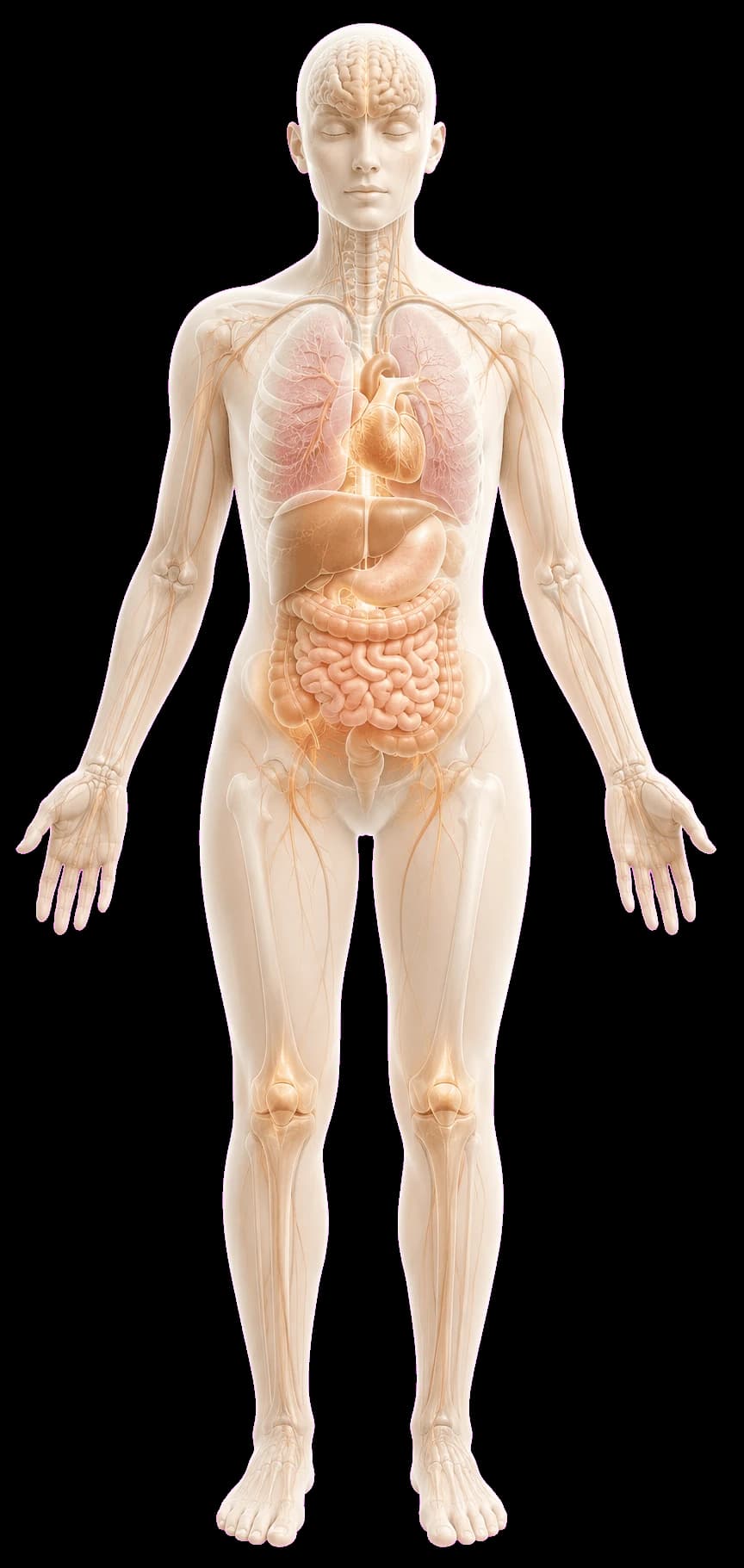 Full-body Reneú anatomy illustration showing organs, nervous system, joints, and major body systems.